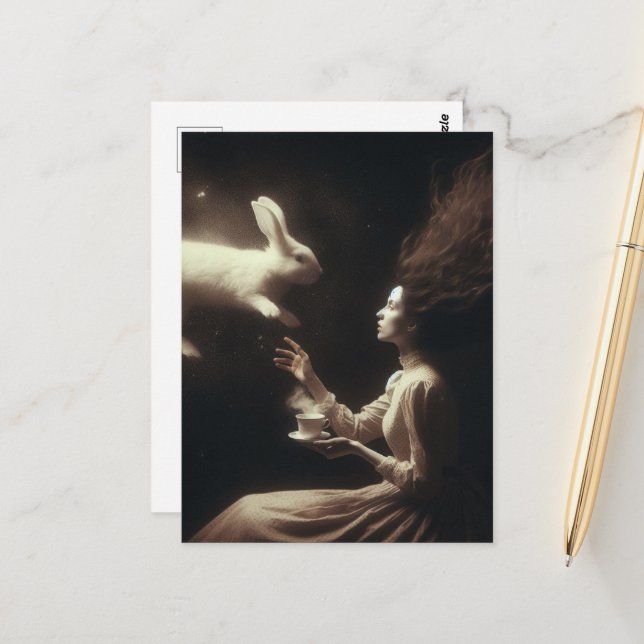 Surreal Magical Tea With the White Bunny Postcard (Front/Back In Situ)