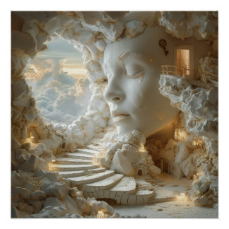 Surreal Marble Head Interior Dreamscape Stairway Poster