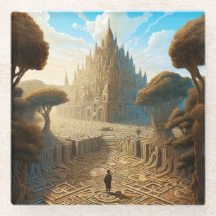 Surreal Maze Castle Landscape Fantasy Art Glass Coaster