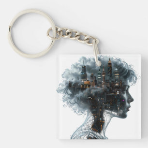 Surreal Mindscape: City within a Woman's Head Keychain
