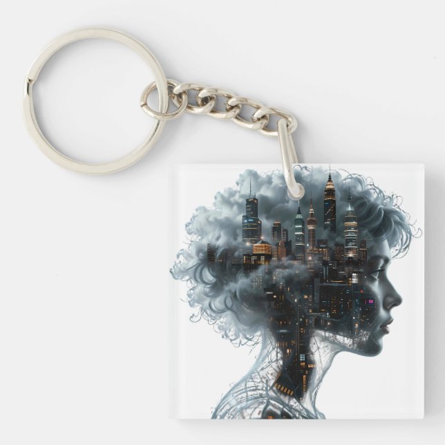Surreal Mindscape: City within a Woman's Head Keychain (Front)