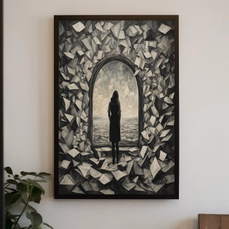 Surreal Monochrome Floating Papers Wall Art Poster
