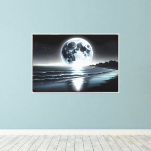 Surreal Moonrise Over Tranquil Ocean Shore Canvas Print