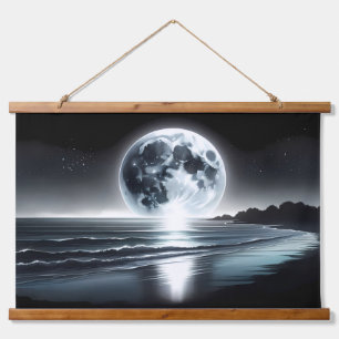 Surreal Moonrise Over Tranquil Ocean Shore Hanging Tapestry