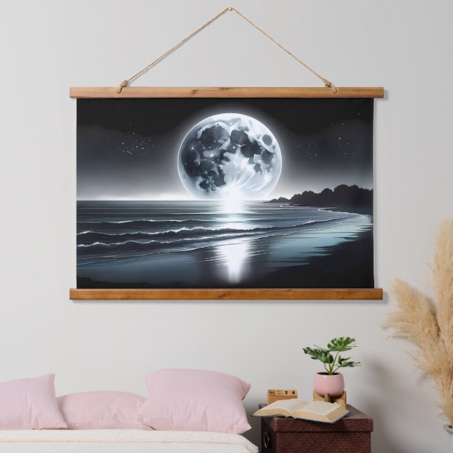 Surreal Moonrise Over Tranquil Ocean Shore Hanging Tapestry (Bedroom)