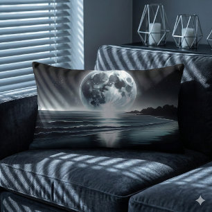 Surreal Moonrise Over Tranquil Ocean Shore Lumbar Pillow