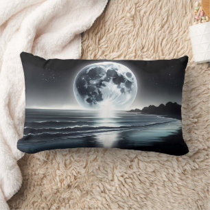Surreal Moonrise Over Tranquil Ocean Shore Lumbar Pillow
