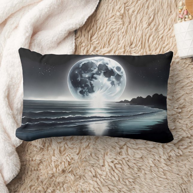 Surreal Moonrise Over Tranquil Ocean Shore Lumbar Pillow (Blanket)