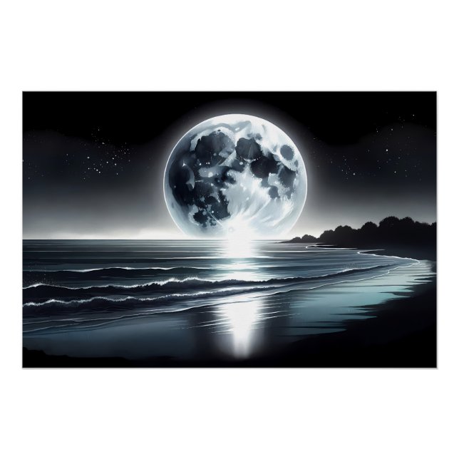 Surreal Moonrise Over Tranquil Ocean Shore Poster (Front)