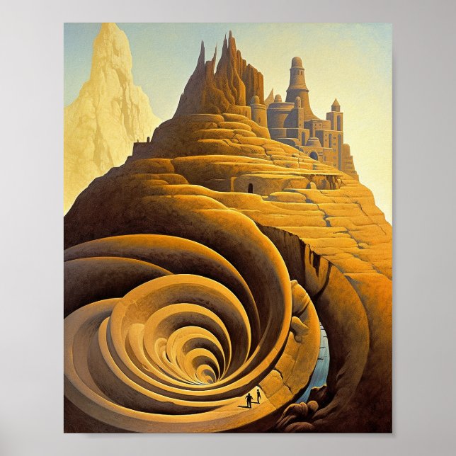 Surreal Mountain City Fantasy Art Poster (Front)