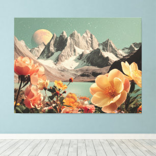 Surreal Mountain Landscape With Blooming Flowers Canvas Print