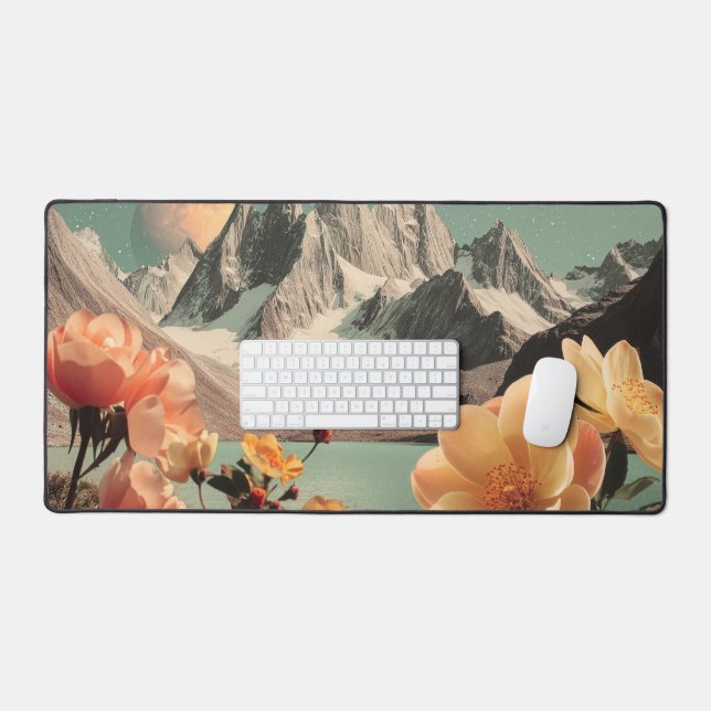 Surreal Mountain Landscape With Blooming Flowers Desk Mat (Keyboard & Mouse)