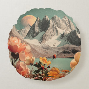 Surreal Mountain Landscape With Blooming Flowers Round Pillow