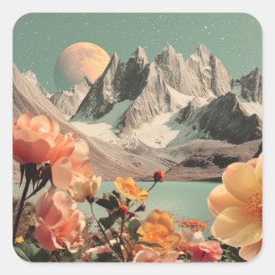 Surreal Mountain Landscape With Blooming Flowers Square Sticker