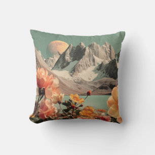 Surreal Mountain Landscape With Blooming Flowers Throw Pillow