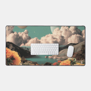 Surreal Mountain Landscape with Planets and Clouds Desk Mat