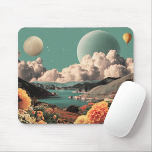 Surreal Mountain Landscape with Planets and Clouds Mouse Pad