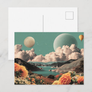 Surreal Mountain Landscape with Planets and Clouds Postcard