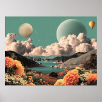 Surreal Mountain Landscape with Planets and Clouds