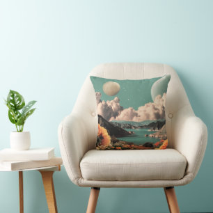Surreal Mountain Landscape with Planets and Clouds Throw Pillow