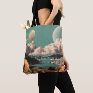 Surreal Mountain Landscape with Planets and Clouds Tote Bag