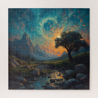 Surreal Mountain River at Sunset - Dual Worlds Fan Jigsaw Puzzle