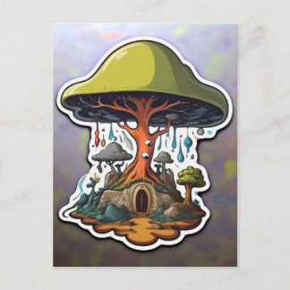 Surreal Mushroom Tree Over Gnome Hut Postcard