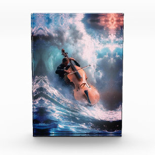 Surreal Music Man Playing Cello in Ocean Waves Photo Block