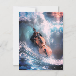 Surreal Music Man Playing Cello in Ocean Waves Postcard