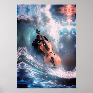 Surreal Music Man Playing Cello in Ocean Waves Poster