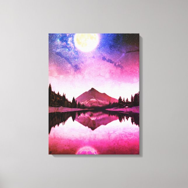 Surreal night landscape mountains under moon canvas print (Front)