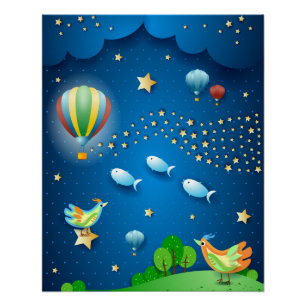 Surreal night with balloons and wave of stars post poster