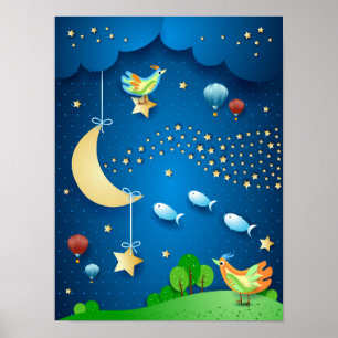 Surreal night with moon and wave of stars poster