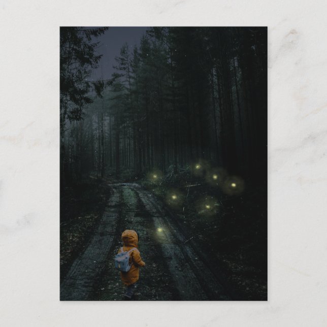 Surreal nighttime scene of boy in a forest postcard (Front)