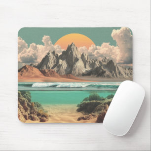 Surreal Ocean and Mountain Landscape with Waves Mouse Pad