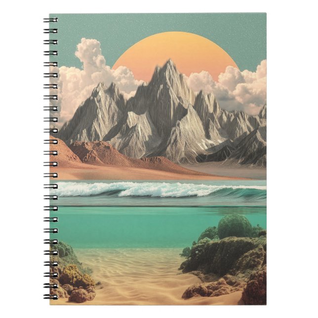 Surreal Ocean and Mountain Landscape with Waves Notebook (Front)