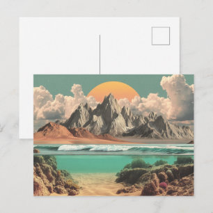 Surreal Ocean and Mountain Landscape with Waves Postcard