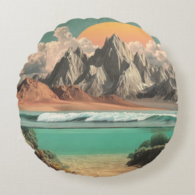 Surreal Ocean and Mountain Landscape with Waves Round Pillow (Front)