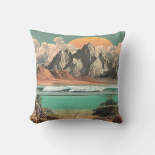 Surreal Ocean and Mountain Landscape with Waves Throw Pillow
