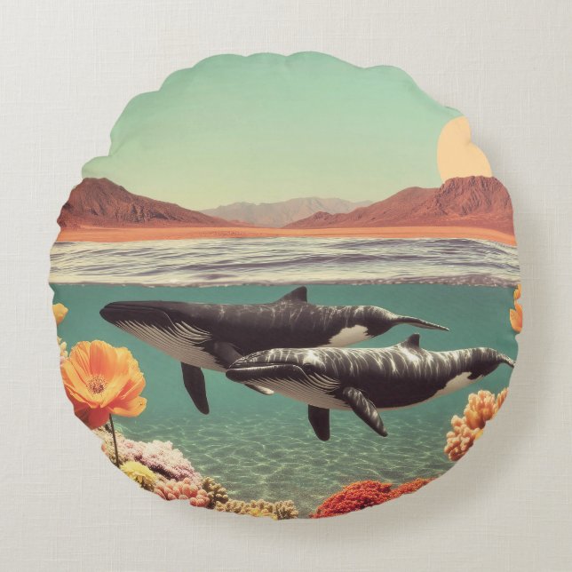 Surreal Ocean Scene With Whales And Coral Round Pillow (Front)