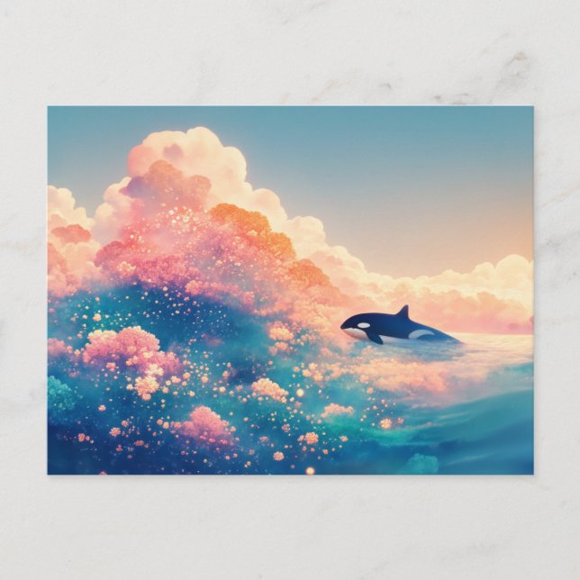 Surreal Orca Pink Blossom Sunset Postcard (Front)