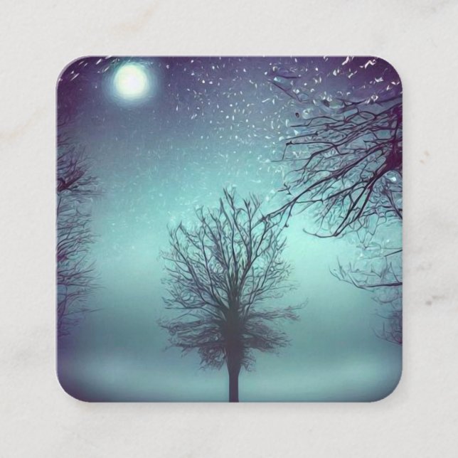 Surreal Painted Forest & Full Moon Square Business Card (Front)