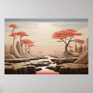 Surreal Pastel Fantasy Landscape | Dreamlike Red Poster