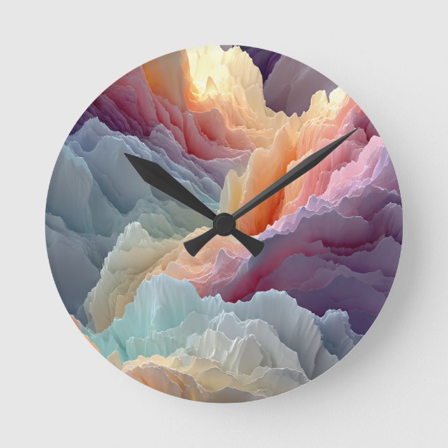 Surreal Pastel Rainbow Mountains Fantasy Landscape Round Clock (Front)