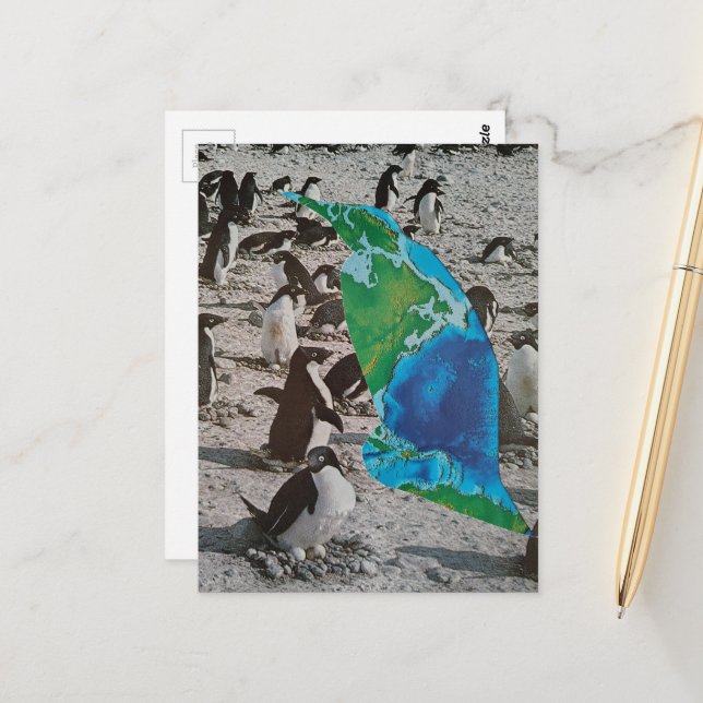 Surreal Penguins and Earth wildlife collage Postcard (Front/Back In Situ)