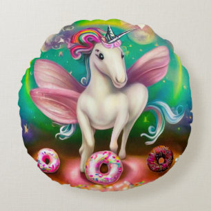 Surreal Pink Doughnuts Unicorn Round Pillow