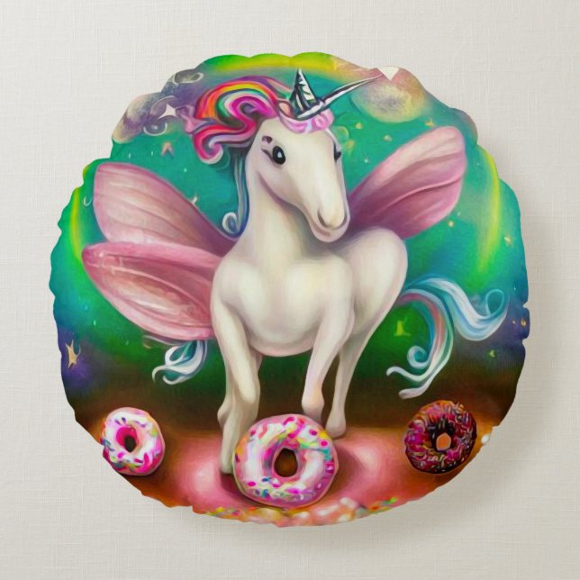 Surreal Pink Doughnuts Unicorn Round Pillow (Front)