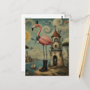 Surreal Pink Flamingo at the Beach Postcard