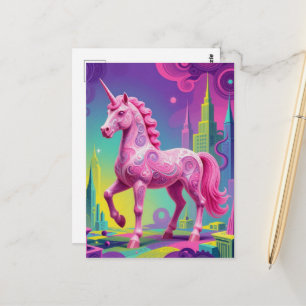 Surreal pink unicorn in a city postcard