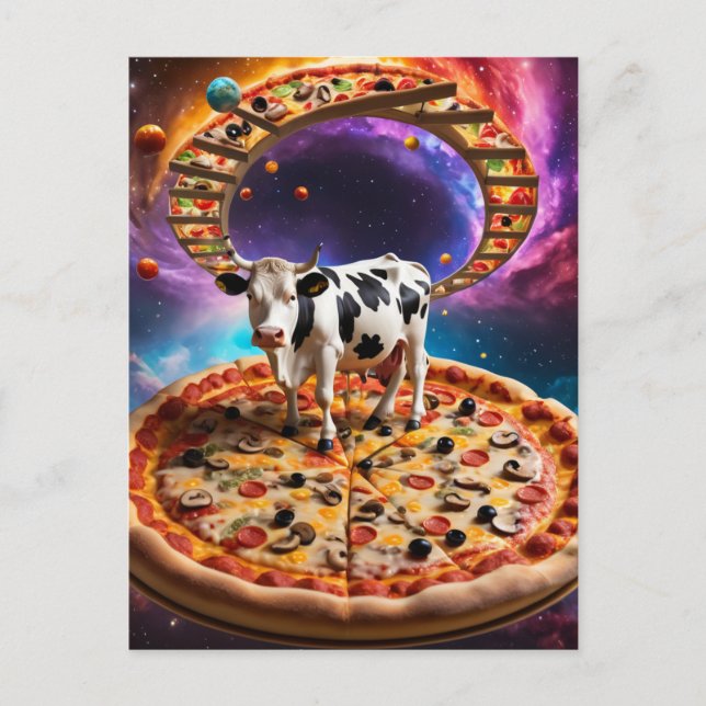 Surreal Pizza Cow Colourful Collage Postcard (Front)